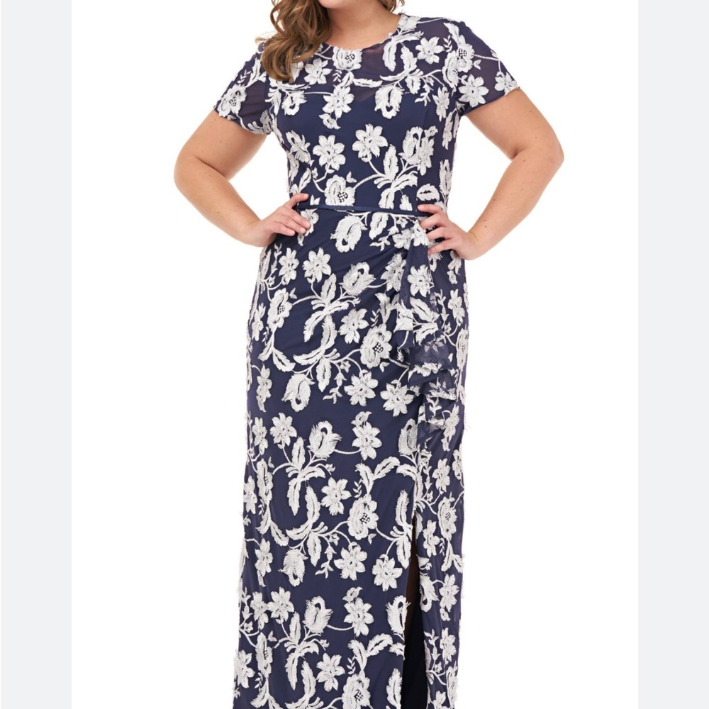 JS Collections‎ Floral Embroidered Ruffle Drape Column Gown In Navy Size 12 new
